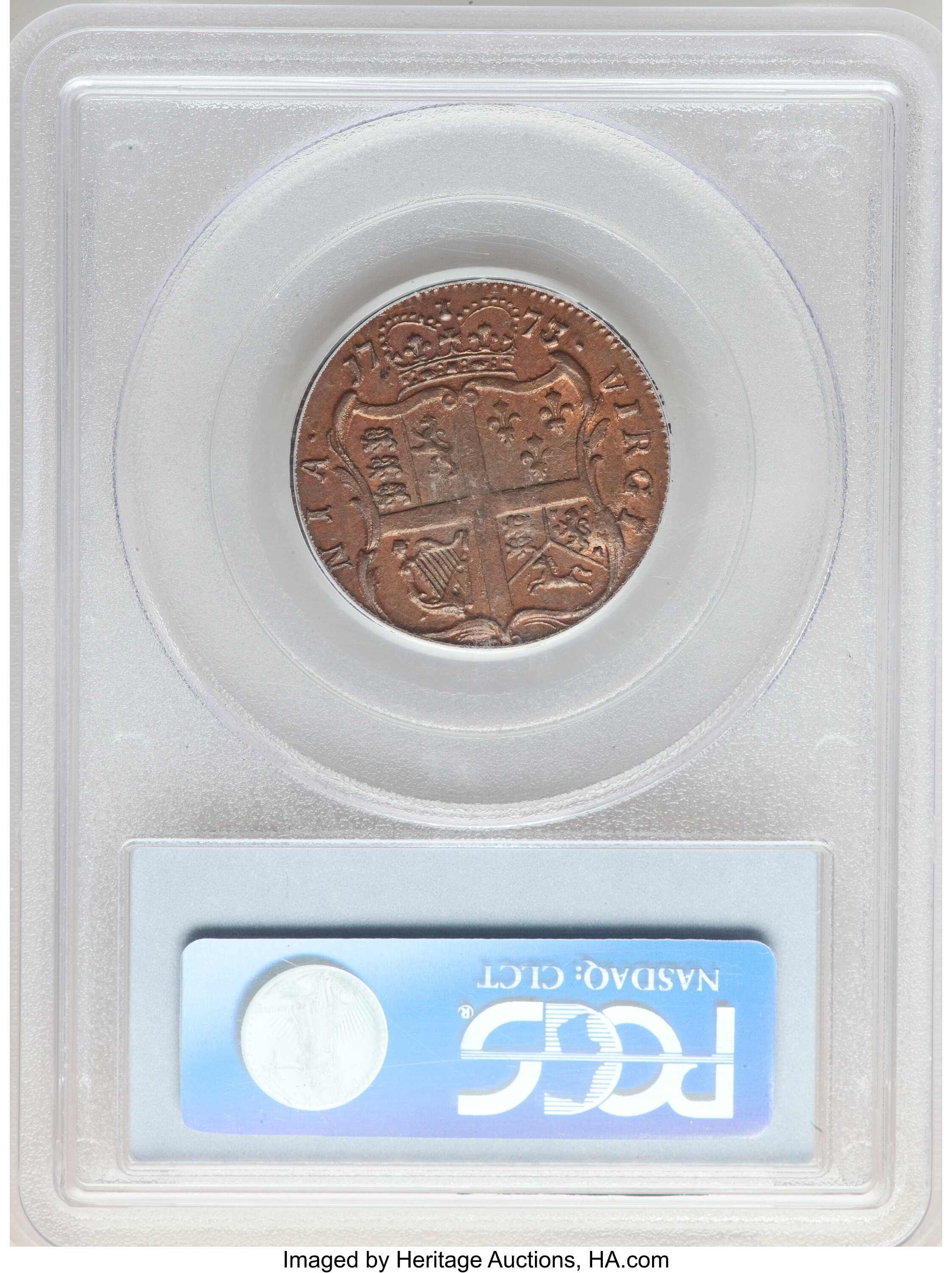 image for: 1773 1/2 P Virginia Halfpenny, No Period, N. 5-Z, W-1600, R.4, MS63 Red and Brown PCGS. PCGS Population: (10/31). NGC Censu...