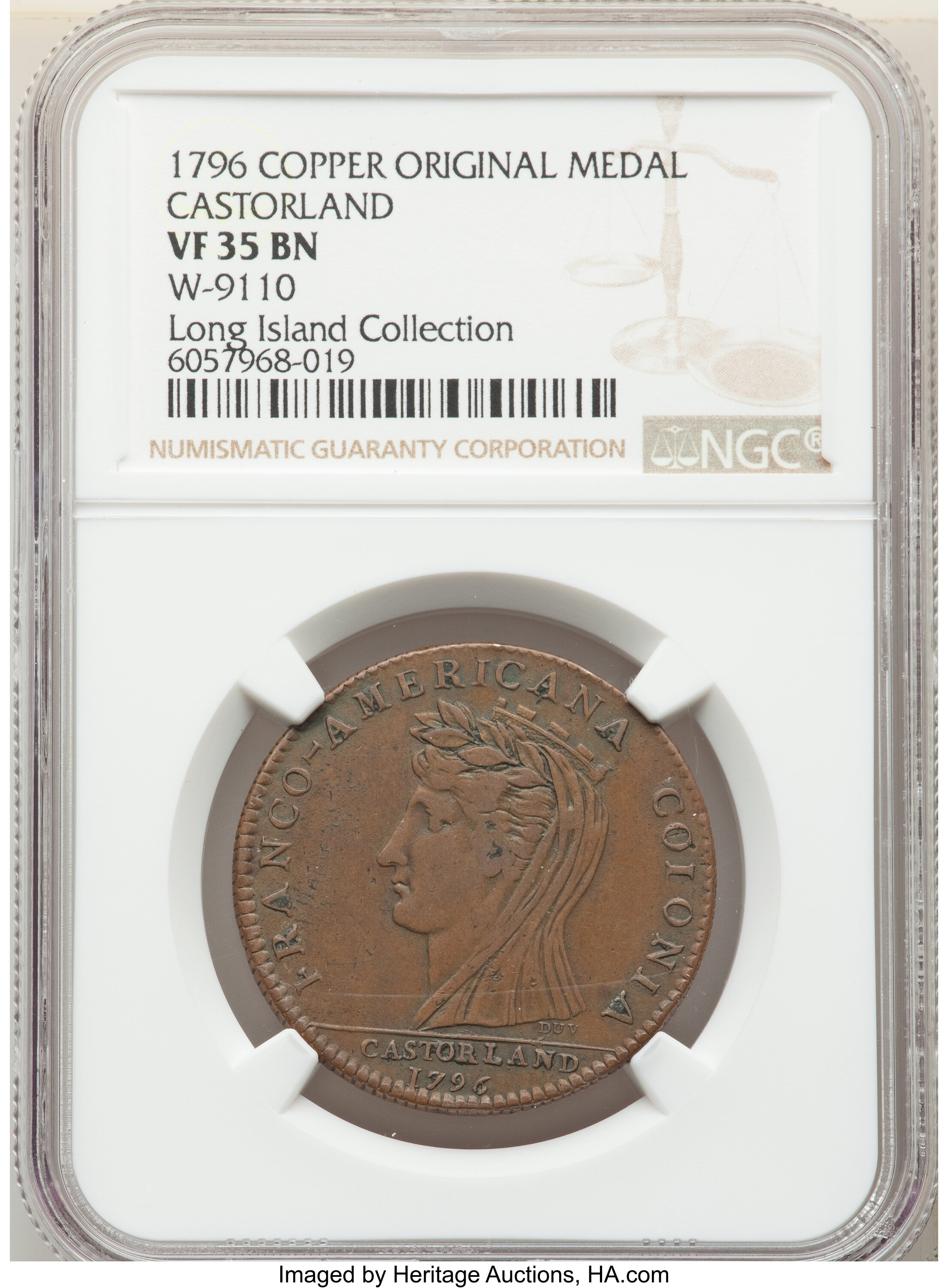 image for: 1796 Castorland Medal, Copper, Original, VF35 NGC. W-9110, R.7. Ex: Long Island Collection.From The Long Island Collec...
