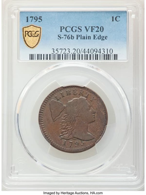 image for: 1795 1C Plain Edge, S-76b, B-4b, R.1, VF20 PCGS. PCGS Population: (1/21 and 0/3+). NGC Census: (2/11 and 0/0+). CDN: $1,500...
