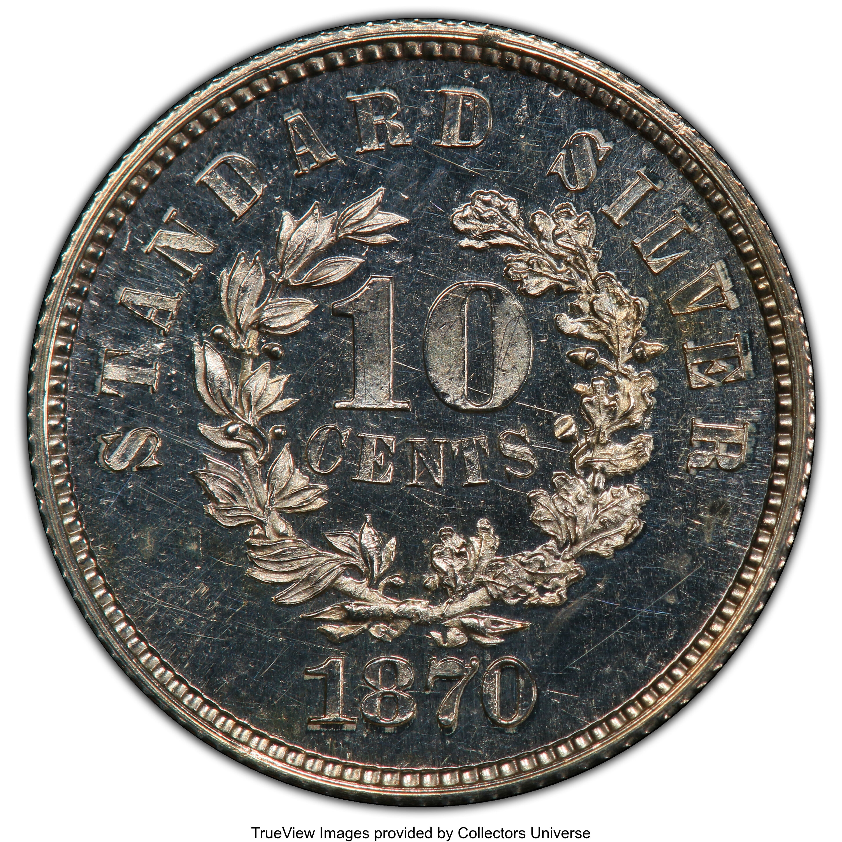 image for: 1870 10C Standard Silver Dime, Judd-855, Pollock-935, High R.6, PR62 PCGS. CAC. PCGS Population: (1/7 and 0/1+). NGC Census...