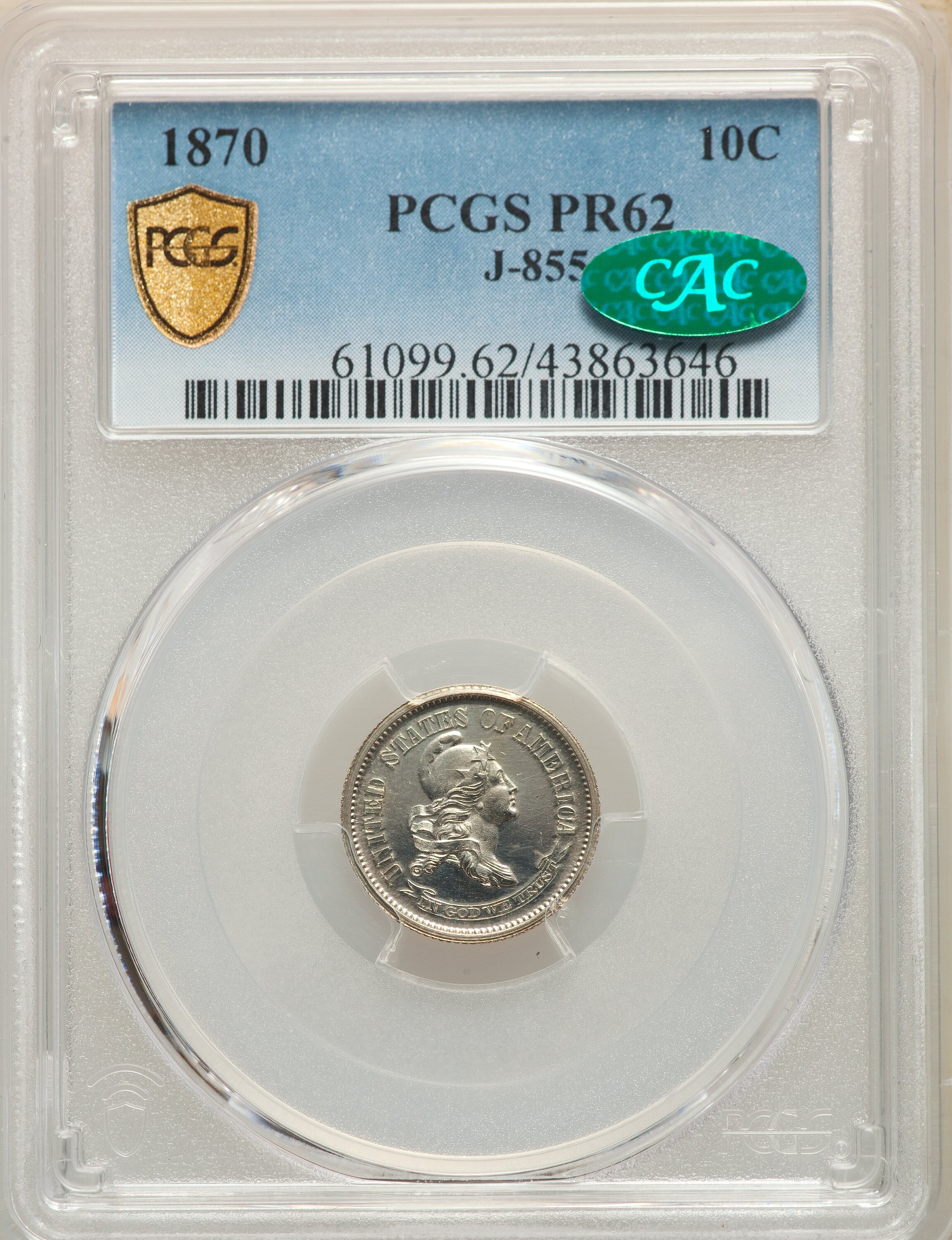 image for: 1870 10C Standard Silver Dime, Judd-855, Pollock-935, High R.6, PR62 PCGS. CAC. PCGS Population: (1/7 and 0/1+). NGC Census...