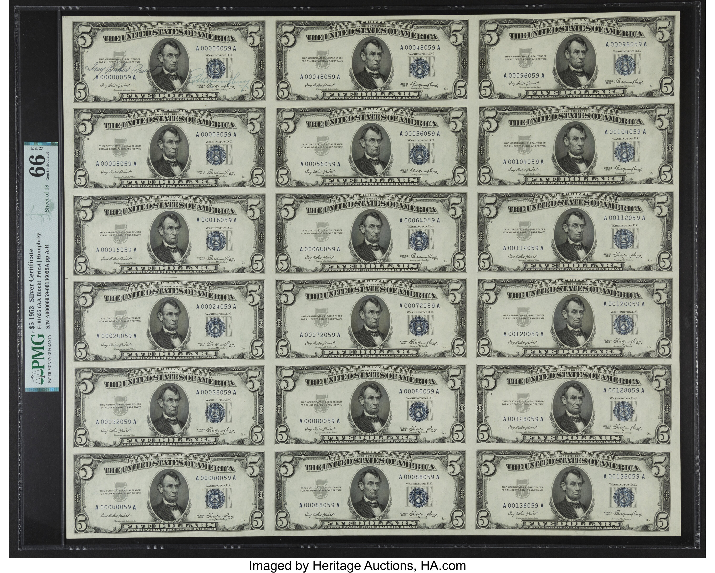 image for: Fr. 1655 $5 1953 Silver Certificates. Courtesy Autographed Uncut Sheet of 18. PMG Gem Uncirculated 66 EPQ....