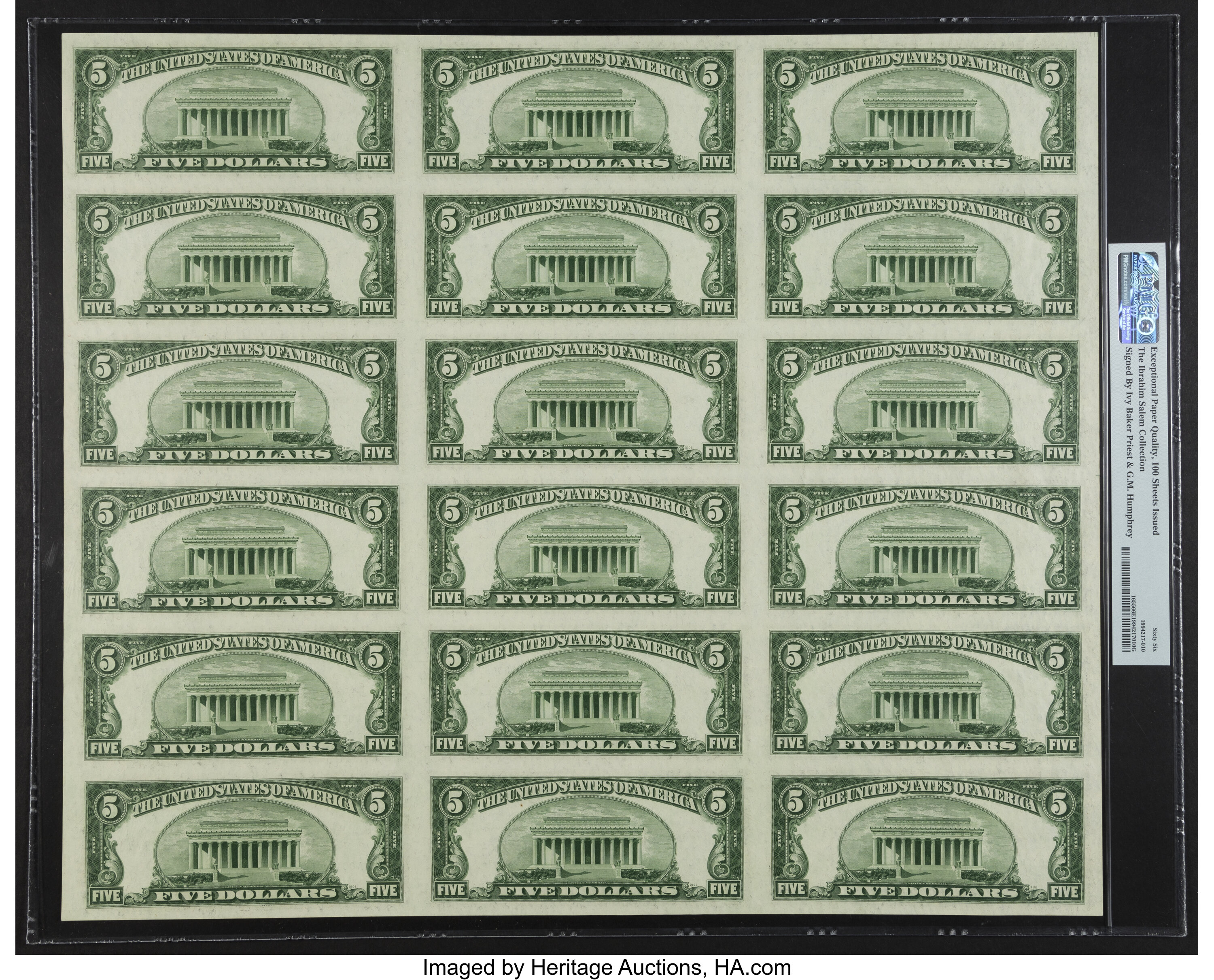 image for: Fr. 1655 $5 1953 Silver Certificates. Courtesy Autographed Uncut Sheet of 18. PMG Gem Uncirculated 66 EPQ....