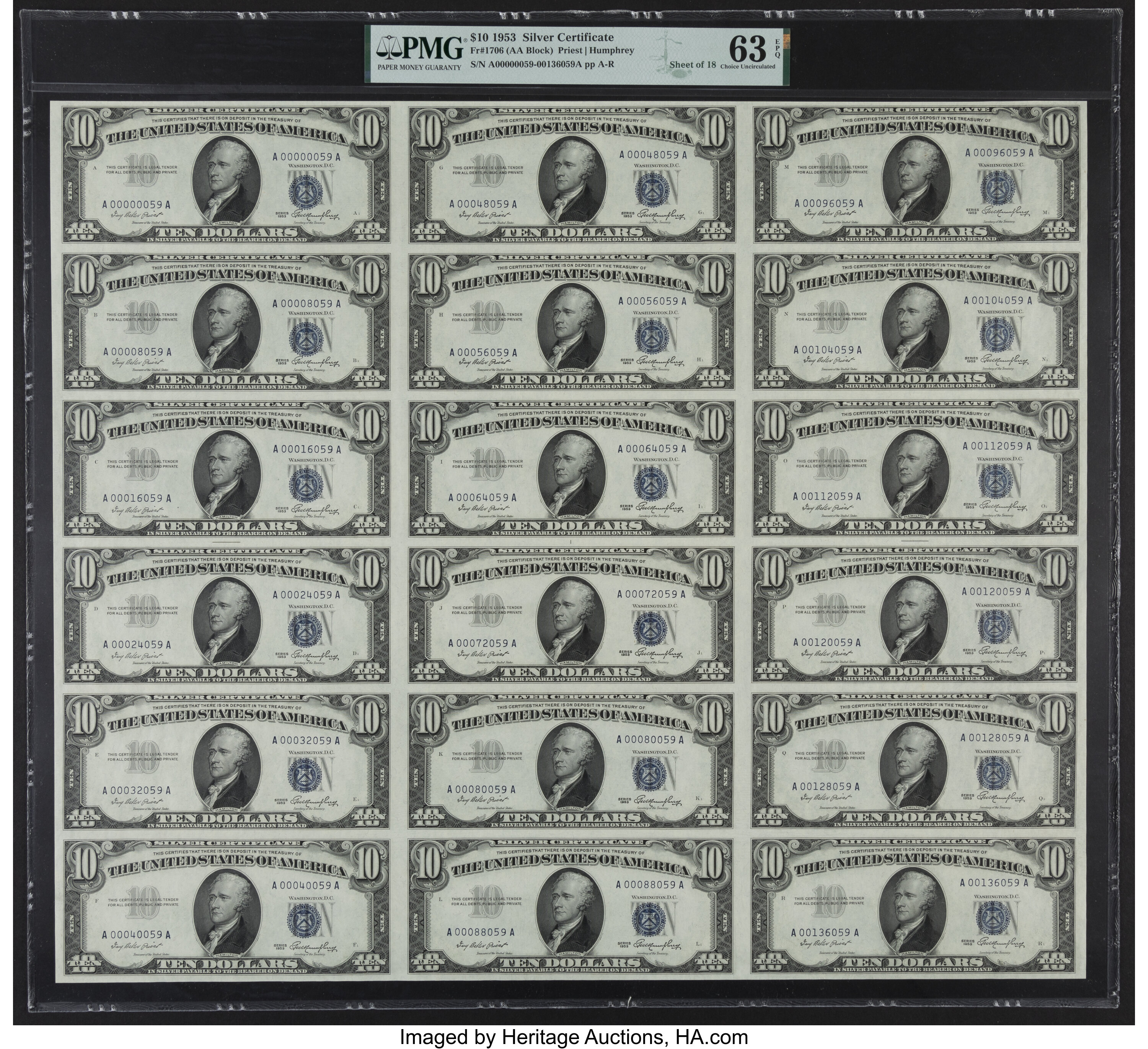 image for: Fr. 1706 $10 1953 Silver Certificates. Uncut Sheet of 18. PMG Choice Uncirculated 63 EPQ....
