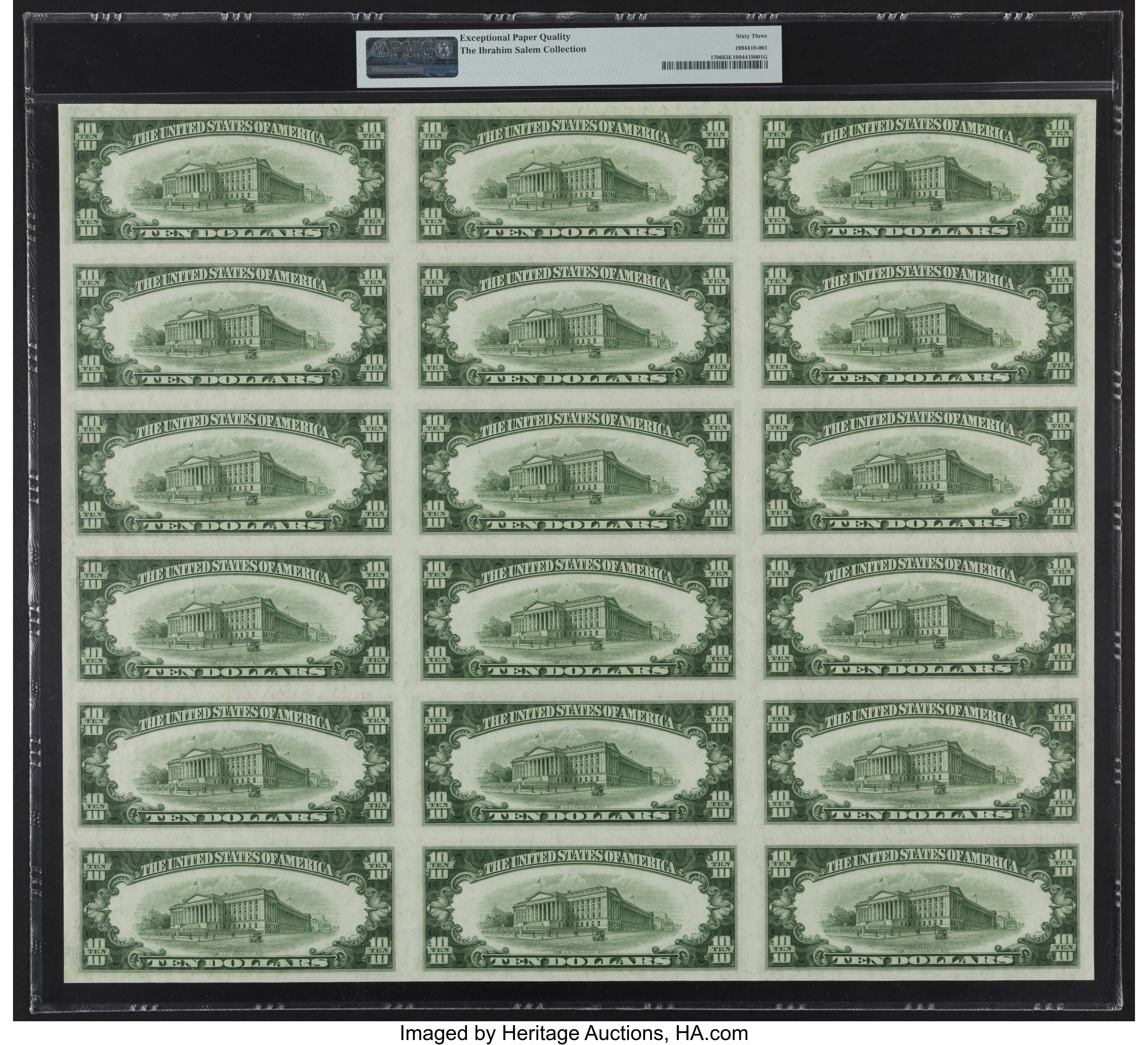 image for: Fr. 1706 $10 1953 Silver Certificates. Uncut Sheet of 18. PMG Choice Uncirculated 63 EPQ....