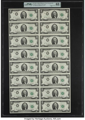 image for: Fr. 1935-J* $2 1976 Federal Reserve Star Notes. Uncut Sheet of 16. PMG Choice Uncirculated 63 EPQ....