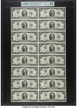 image for: Fr. 1935-J* $2 1976 Federal Reserve Star Notes. Uncut Sheet of 16. PMG Choice Uncirculated 63....