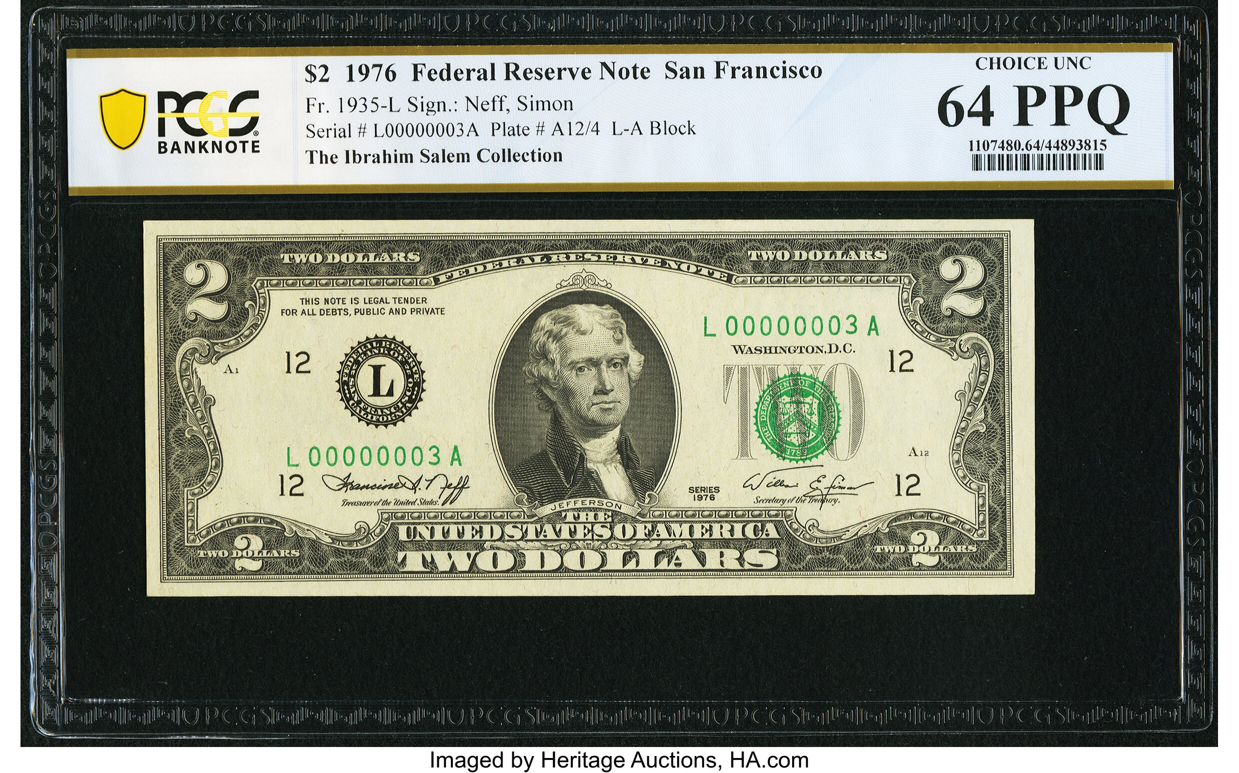 image for: Low Serial Number 3 Fr. 1935-L $2 1976 Federal Reserve Note. PCGS Banknote Choice Unc 64 PPQ....