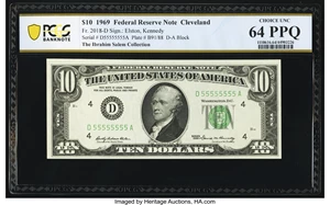 image for: Solid Serial Number 55555555 Fr. 2018-D $10 1969 Federal Reserve Note. PCGS Banknote Choice Unc 64 PPQ....