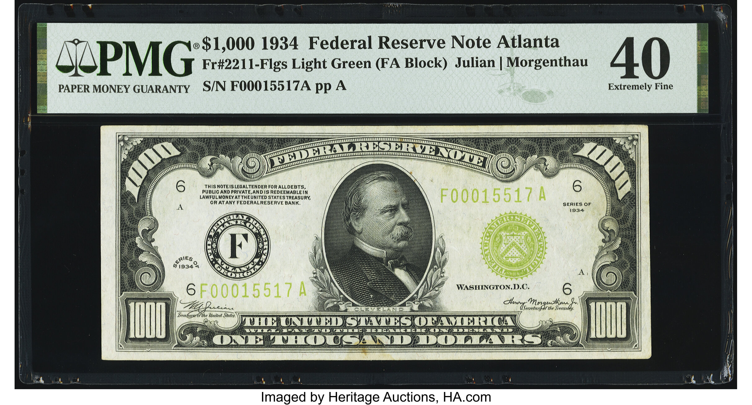 image for: Fr. 2211-F $1,000 1934 Light Green Seal Federal Reserve Note. PMG Extremely Fine 40....