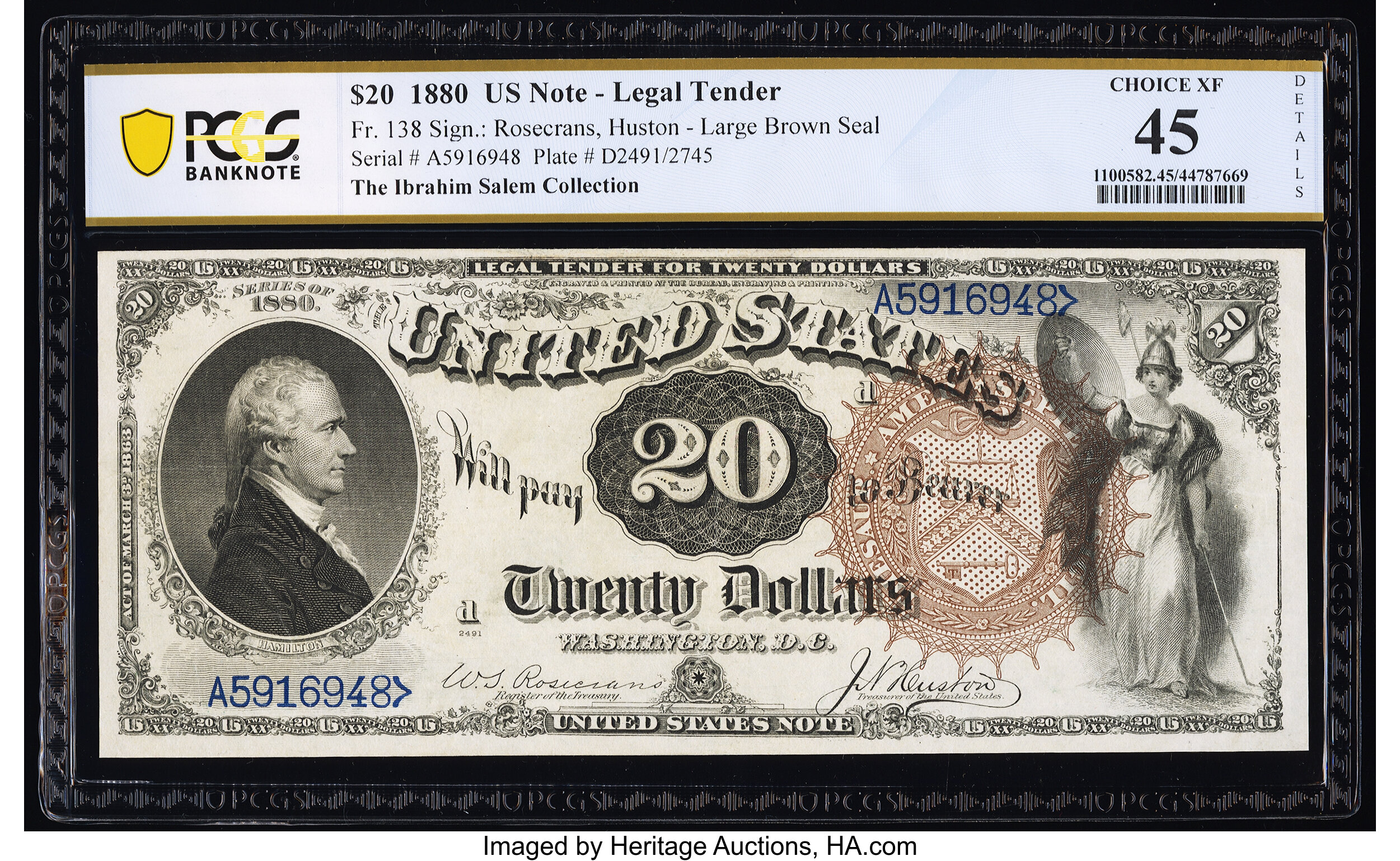 image for: Fr. 138 $20 1880 Legal Tender PCGS Banknote Choice XF 45 Details....