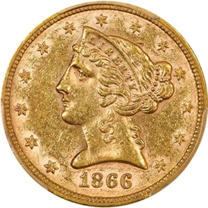 image for: $5 1866 MOTTO. PCGS AU58 CAC