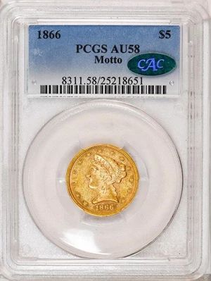 image for: $5 1866 MOTTO. PCGS AU58 CAC