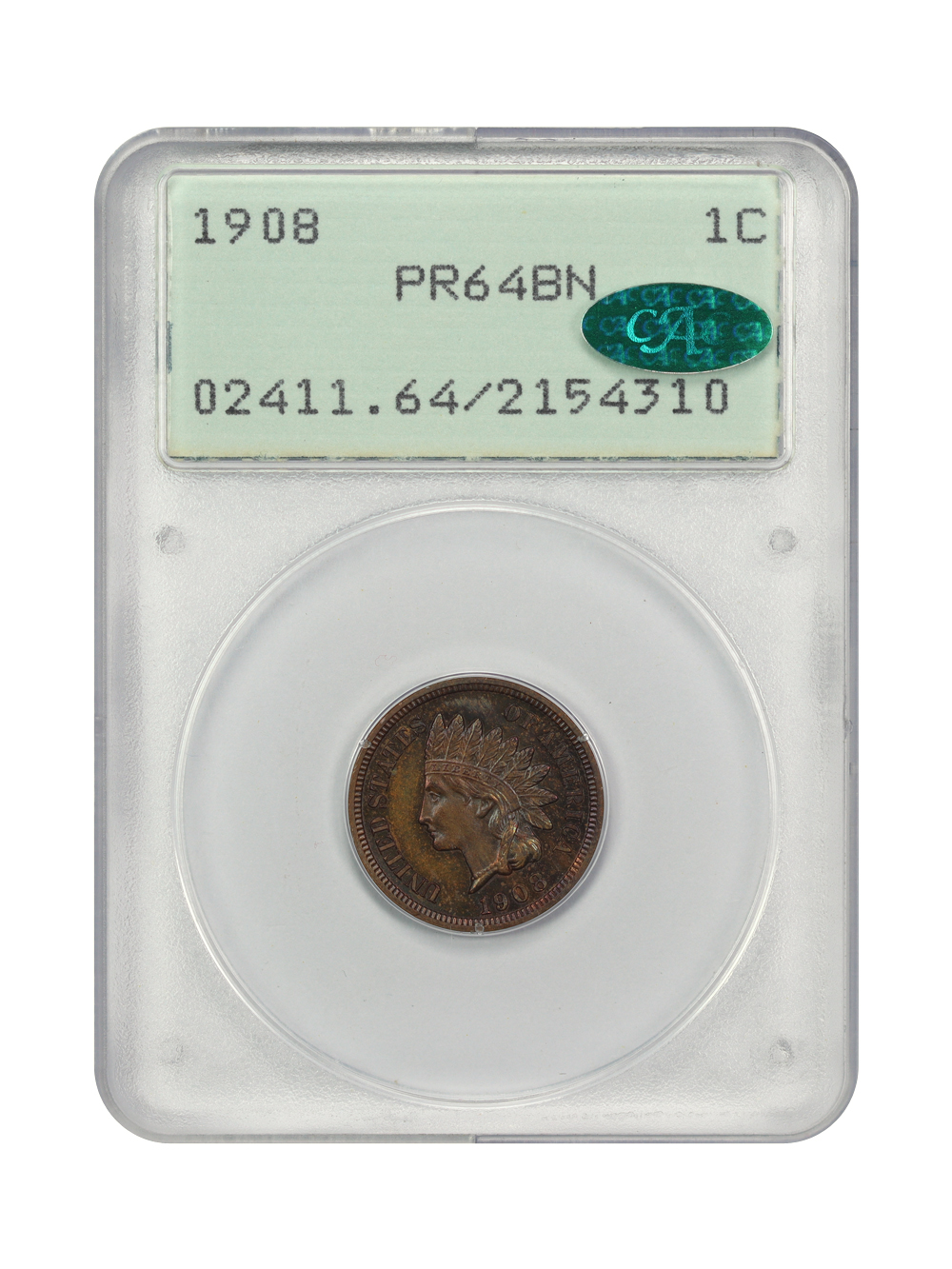 image for: 1908 1c PCGS/CAC Proof 64 BN (OGH Rattler)