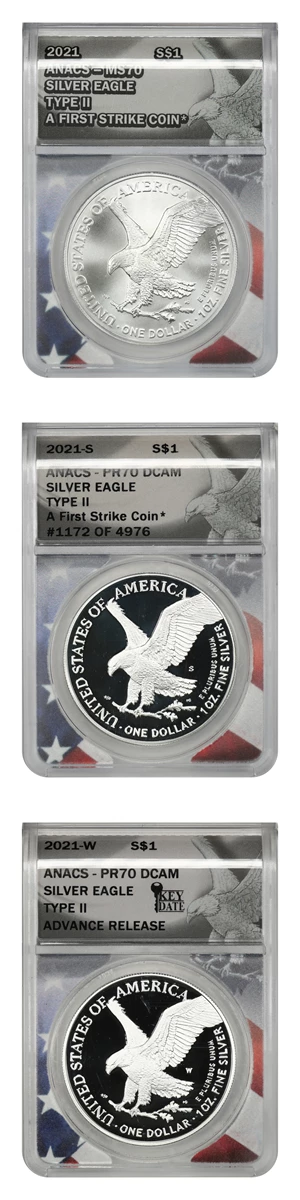 image for: 2021-P/S/W Silver Eagle $1 ANACS MS70/PR70 DCAM (Type 2 3 Coins)