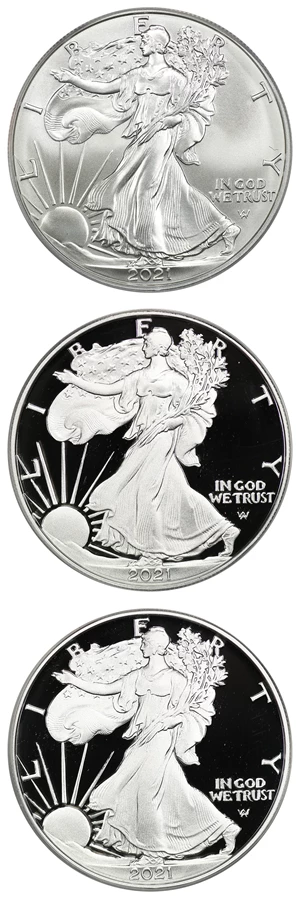 image for: 2021-P/S/W Silver Eagle $1 ANACS MS70/PR70 DCAM (Type 2 3 Coins)