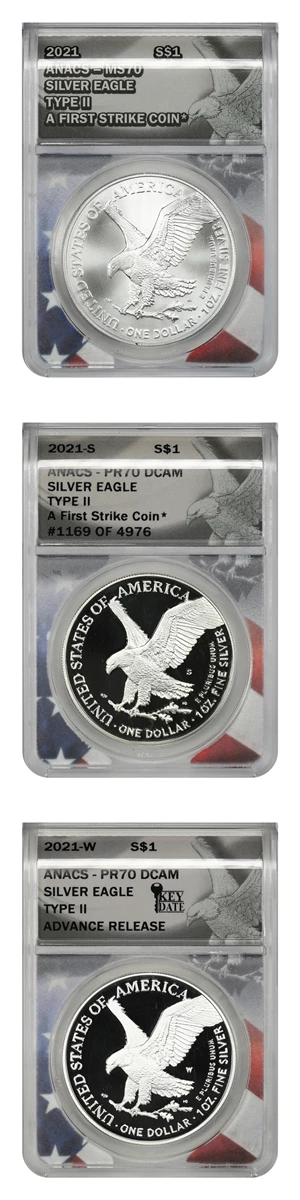 image for: 2021-P/S/W Silver Eagle $1 ANACS MS70/PR70 DCAM (Type 2 3 Coins)