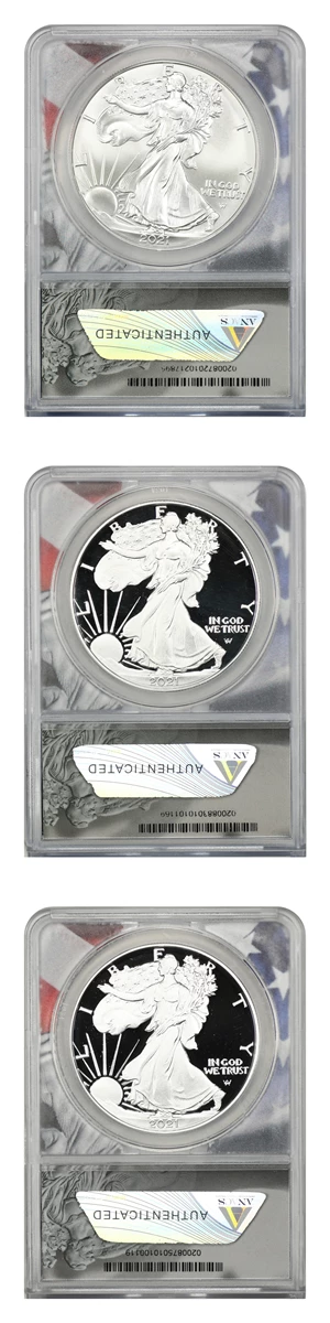 image for: 2021-P/S/W Silver Eagle $1 ANACS MS70/PR70 DCAM (Type 2 3 Coins)