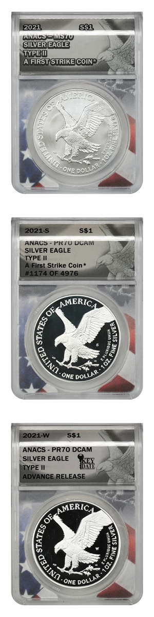 image for: 2021-P/S/W Silver Eagle $1 ANACS MS70/PR70 DCAM (Type 2 3 Coins)