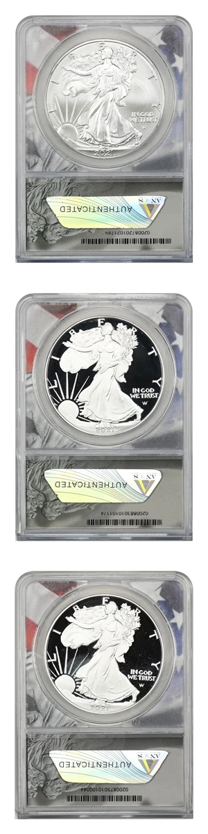 image for: 2021-P/S/W Silver Eagle $1 ANACS MS70/PR70 DCAM (Type 2 3 Coins)