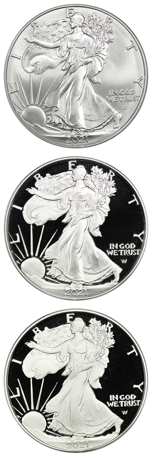 image for: 2021-P/S/W Silver Eagle $1 ANACS MS70/PR70 DCAM (Type 2 3 Coins)
