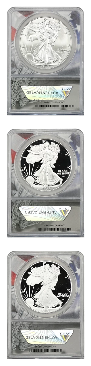 image for: 2021-P/S/W Silver Eagle $1 ANACS MS70/PR70 DCAM (Type 2 3 Coins)