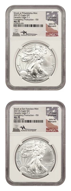 image for: Lot of 2021-(P/S) Silver Eagle $1 NGC MS70 (Type 1 Mercanti Autograph 2 Coins)