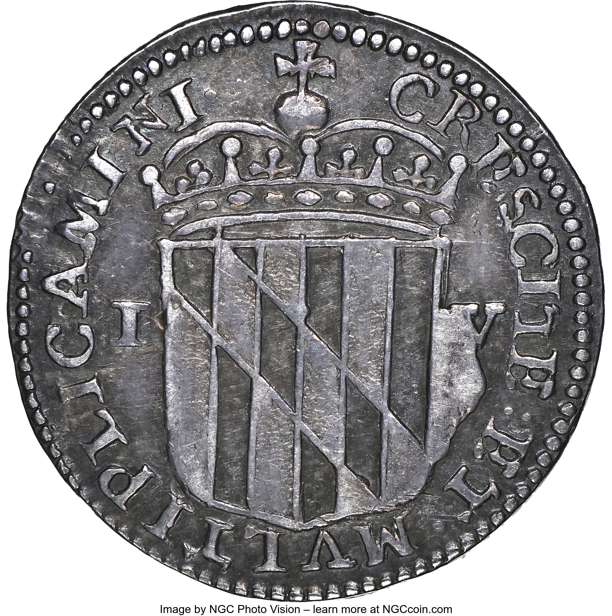 image for: (1659) Lord Baltimore Fourpence XF45 NGC. Hodder 1-A, W-1010, R.6....