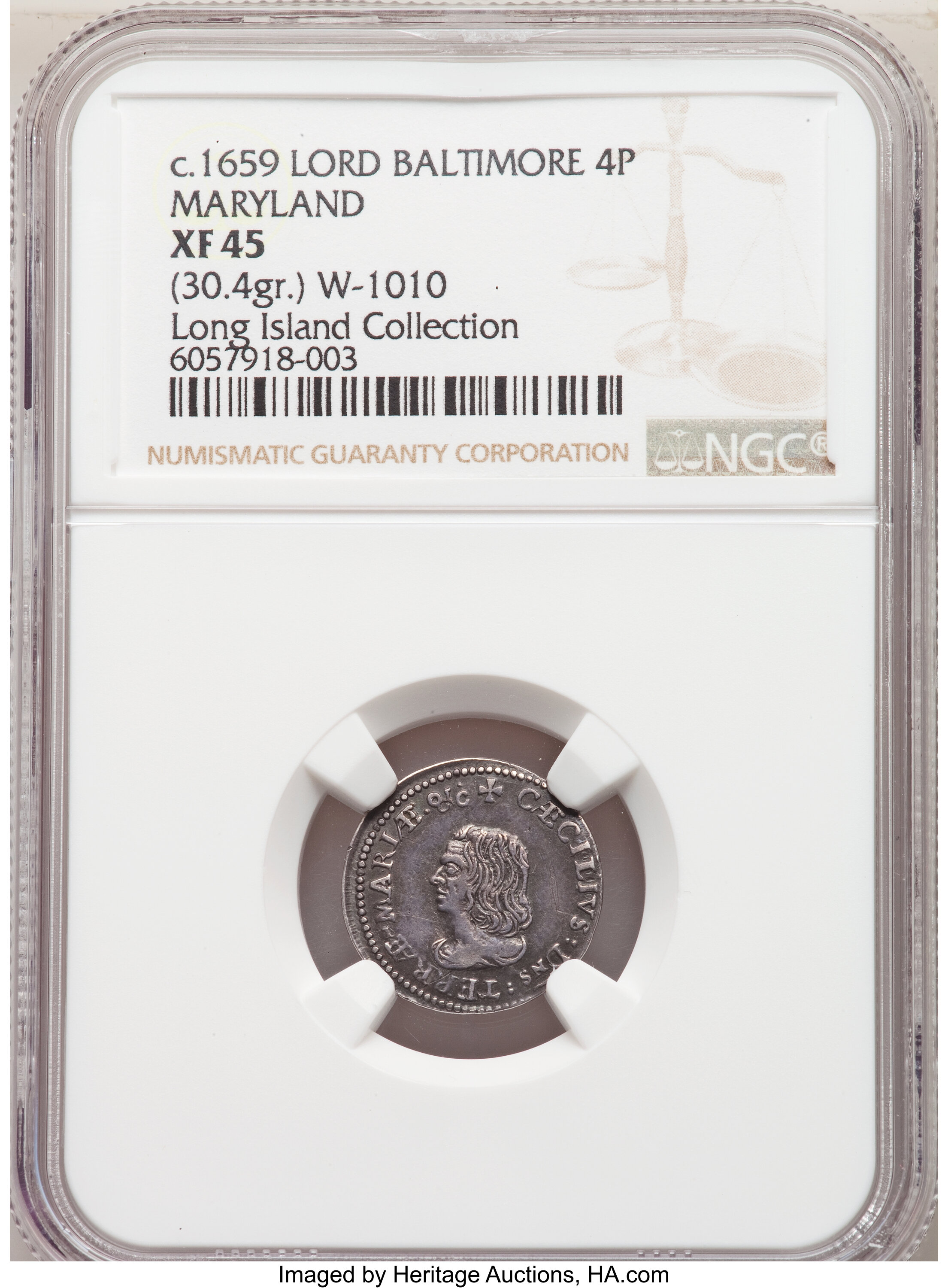 image for: (1659) Lord Baltimore Fourpence XF45 NGC. Hodder 1-A, W-1010, R.6....