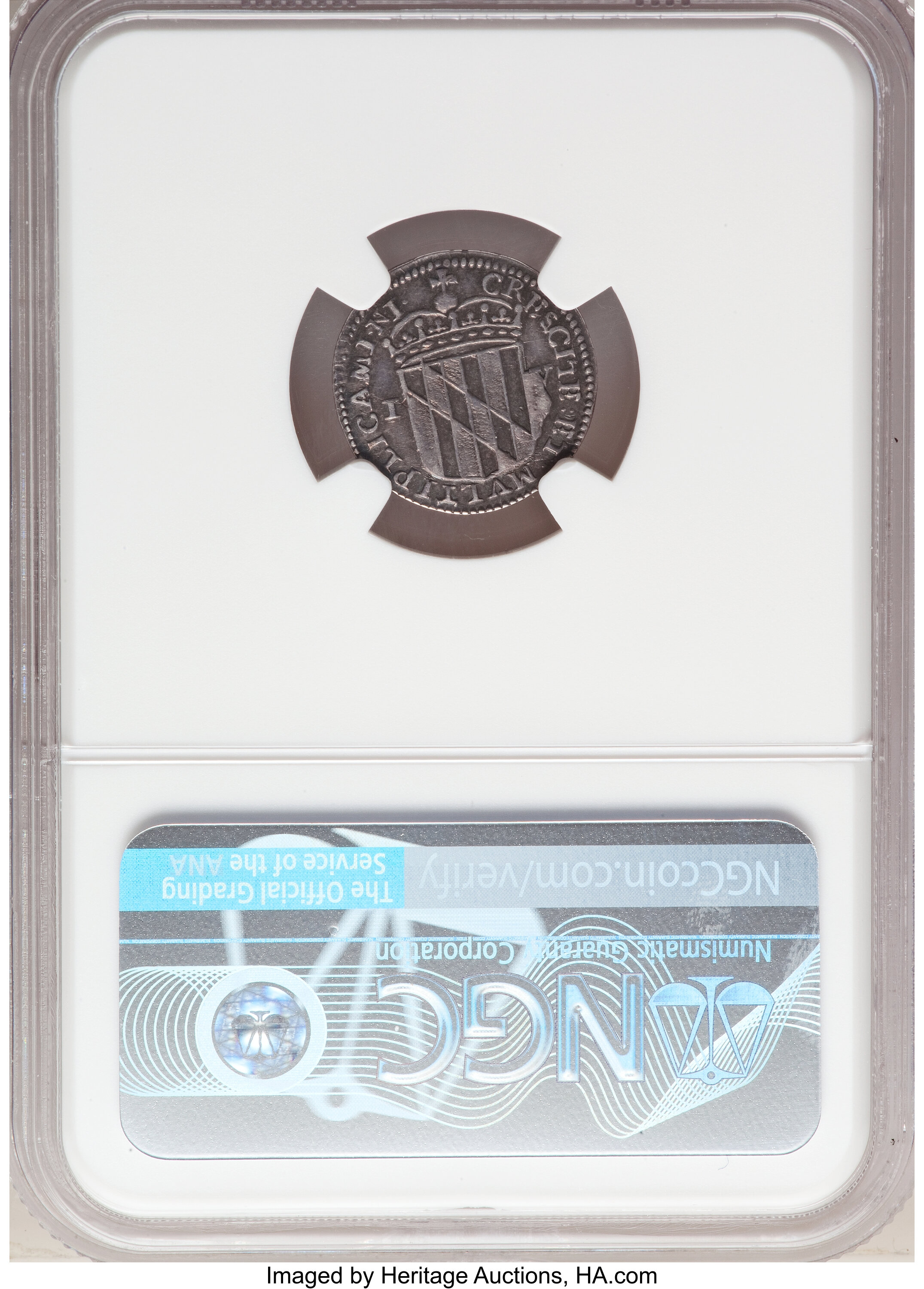 image for: (1659) Lord Baltimore Fourpence XF45 NGC. Hodder 1-A, W-1010, R.6....