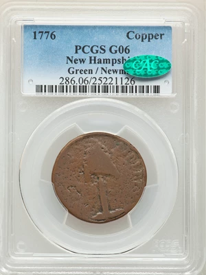 image for: 1776 COPPER New Hampshire Pine Tree Copper, Breen-708, Whitman-8395, High R.7, Good 6 PCGS. CAC....