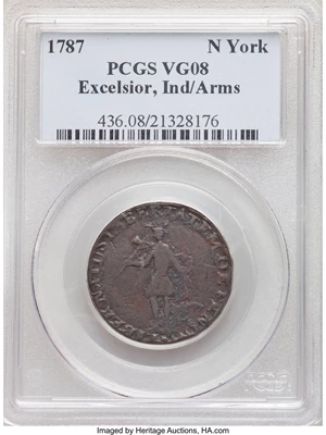 image for: 1787 New York Excelsior Copper, Indian and New York Arms VG8 PCGS. Breen-990, W-5795, High R.6....