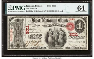 image for: Kansas, IL - $1 Original Fr. 382a The First National Bank Ch. # 2011 PMG Choice Uncirculated 64....