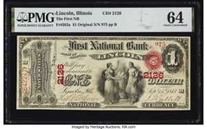 image for: Lincoln, IL - $1 Original Fr. 382a The First National Bank Ch. # 2126 PMG Choice Uncirculated 64....