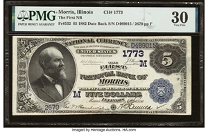image for: Morris, IL - $5 1882 Date Back Fr. 532 The First National Bank Ch. # (M)1773 PMG Very Fine 30....