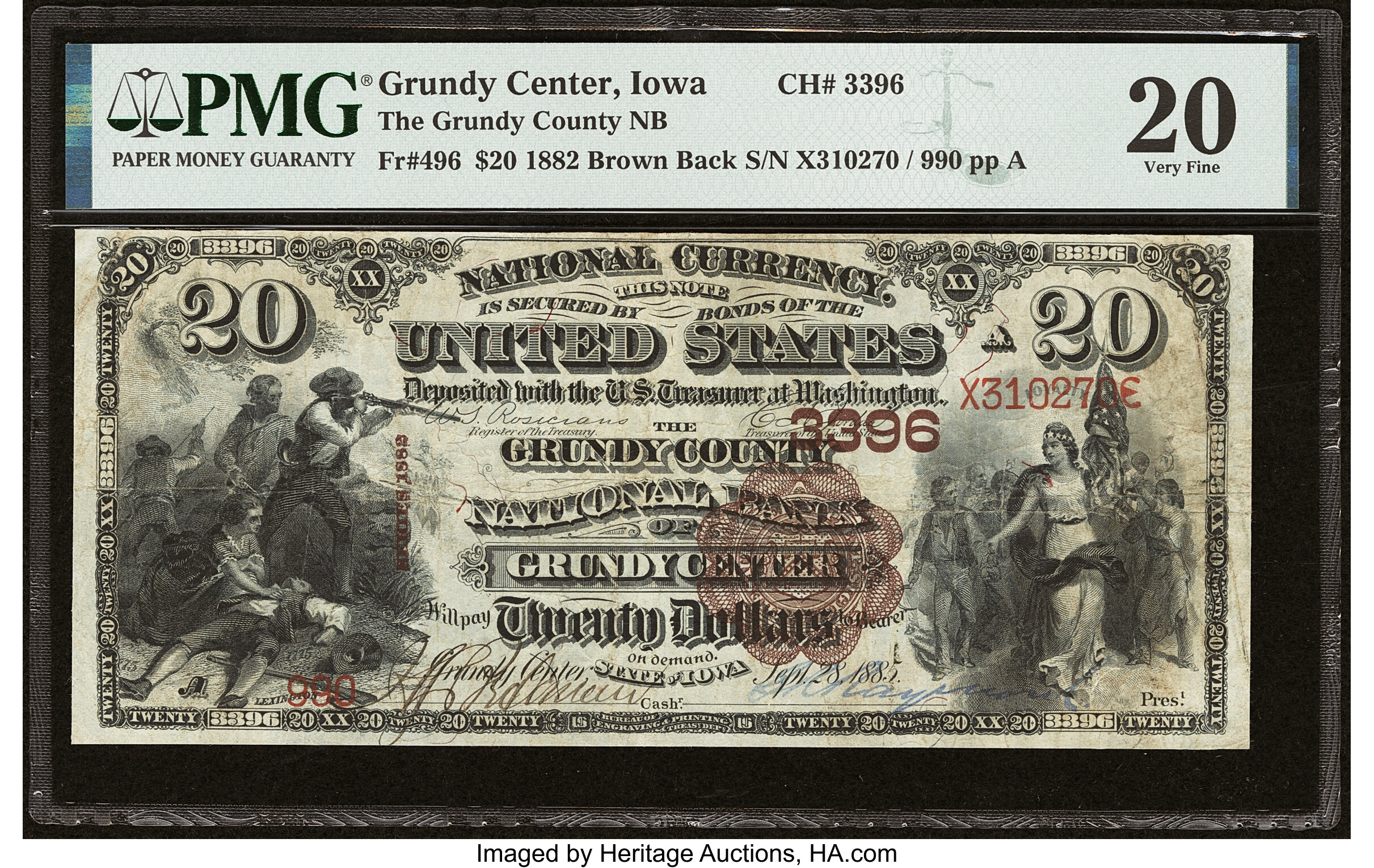 image for: Grundy Center, IA - $20 1882 Brown Back Fr. 496 The Grundy County National Bank Ch. # 3396 PMG Very Fine 20....
