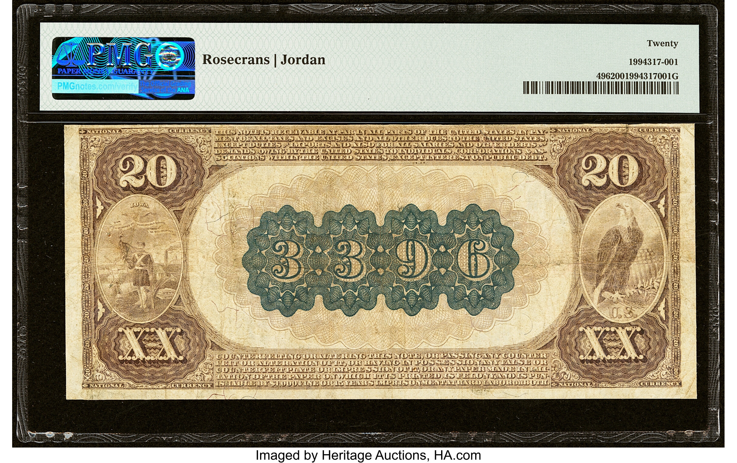 image for: Grundy Center, IA - $20 1882 Brown Back Fr. 496 The Grundy County National Bank Ch. # 3396 PMG Very Fine 20....