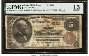 image for: Lake Mills, IA - $5 1882 Brown Back Fr. 476 The First National Bank Ch. # 5123 PMG Choice Fine 15....