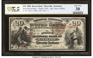 image for: Maysville, KY - $20 1882 Brown Back Fr. 493 The State National Bank Ch. # 2663 PCGS Banknote Very Fine 30....