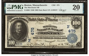 image for: Boston, MA - $100 1902 Date Back Fr. 689 The Merchants National Bank Ch. # (N)475 PMG Very Fine 20....