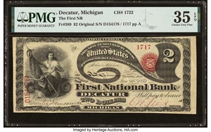 image for: Decatur, MI - $2 Original Fr. 389 The First National Bank Ch. # 1722 PMG Choice Very Fine 35 EPQ....