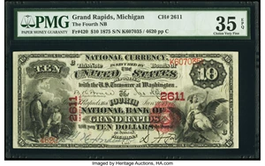 image for: Grand Rapids, MI - $10 1875 Fr. 420 The Fourth National Bank Ch. # 2611 PMG Choice Very Fine 35 EPQ....