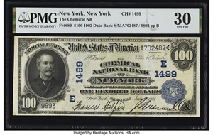 image for: New York, NY - $100 1902 Date Back Fr. 689 The Chemical National Bank Ch. # (E)1499 PMG Very Fine 30....