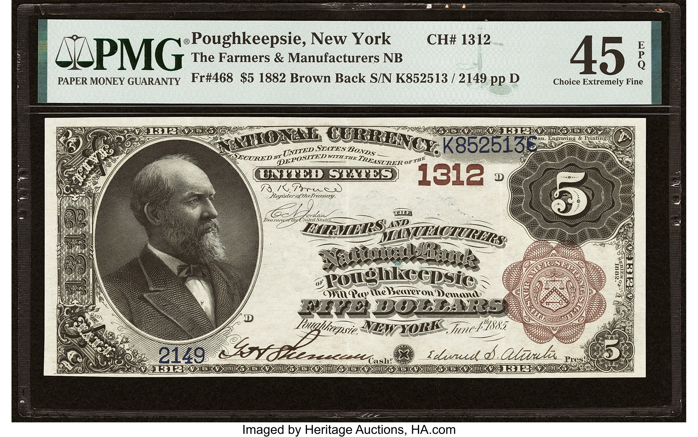 image for: Poughkeepsie, NY - $5 1882 Brown Back Fr. 468 The Farmers & Manufacturers National Bank Ch. # 1312 PMG Choice Extremely Fine 4...