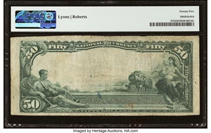 image for: Low Serial Number 6 Baker, OR - $50 1902 Plain Back Fr. 675 The First National Bank Ch. # (P)2865 PMG Very Fine 25....