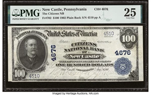image for: New Castle, PA - $100 1902 Plain Back Fr. 702 The Citizens National Bank Ch. # 4676 PMG Very Fine 25....