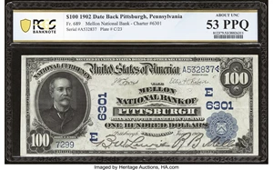 image for: Pittsburgh, PA - $100 1902 Date Back Fr. 689 The Mellon National Bank Ch. # (E)6301 PCGS Banknote About Unc 53 PPQ....