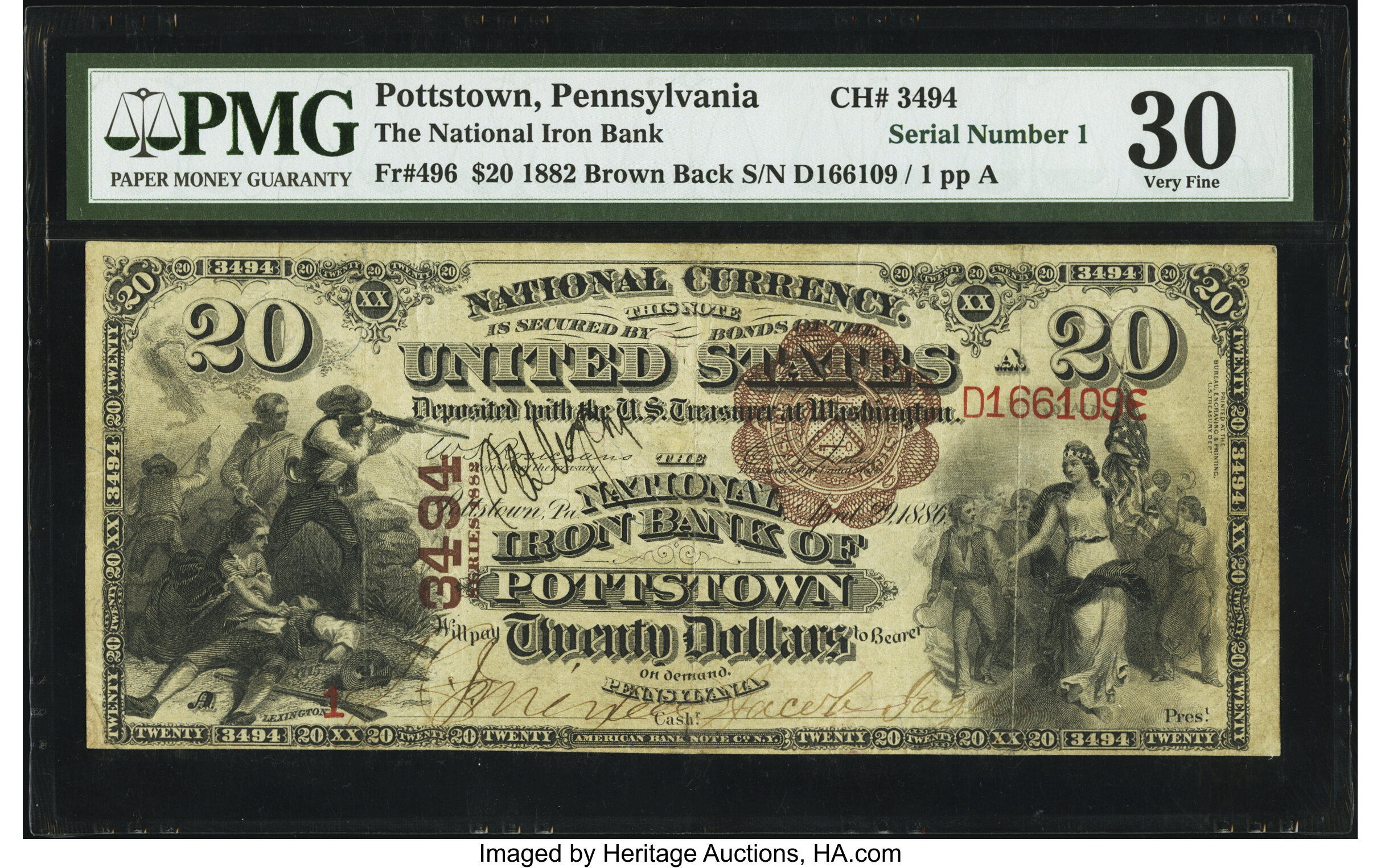 image for: Serial Number 1 Pottstown, PA - $20 1882 Brown Back Fr. 496 The National Iron Bank Ch. # 3494 PMG Very Fine 30....