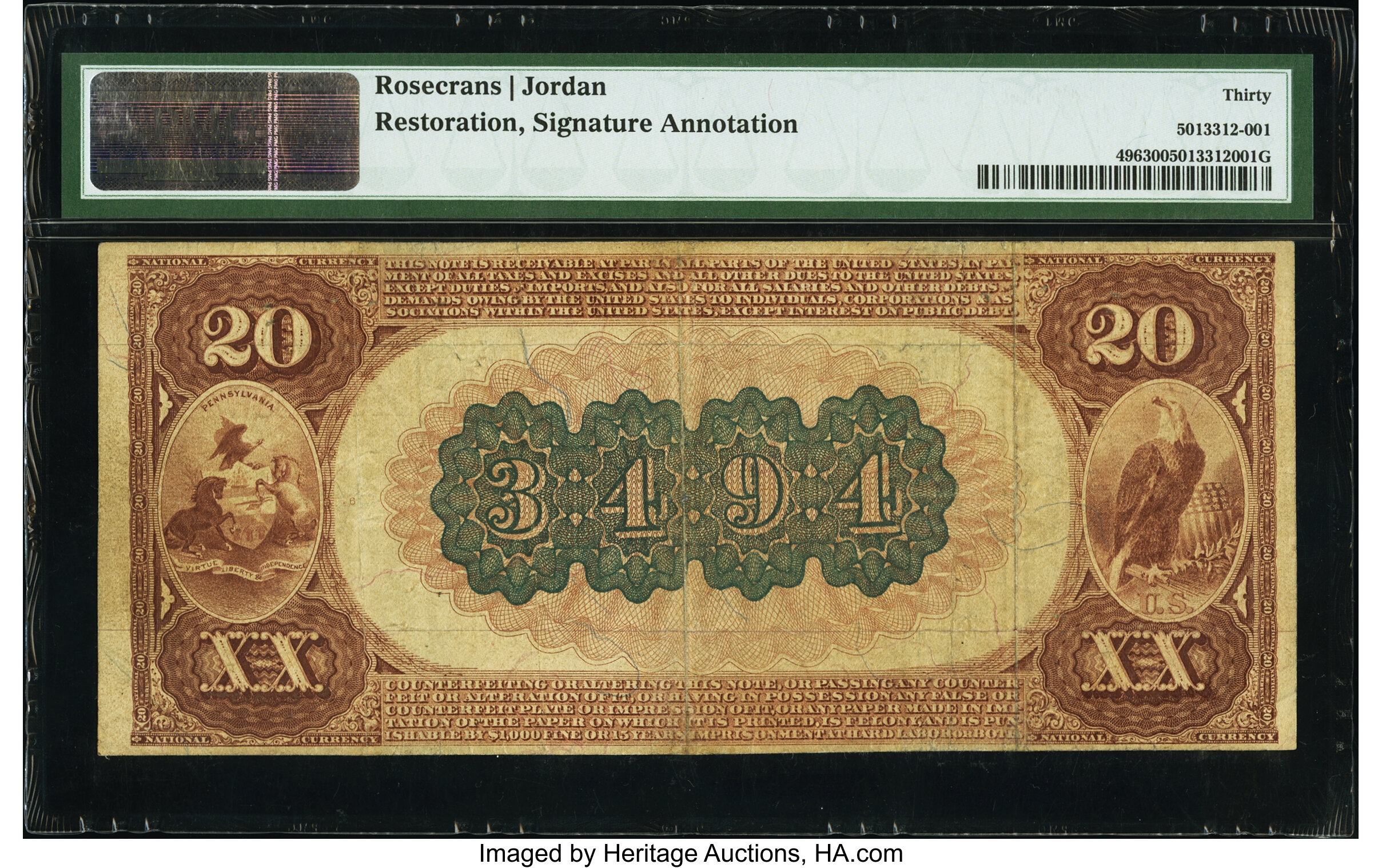 image for: Serial Number 1 Pottstown, PA - $20 1882 Brown Back Fr. 496 The National Iron Bank Ch. # 3494 PMG Very Fine 30....