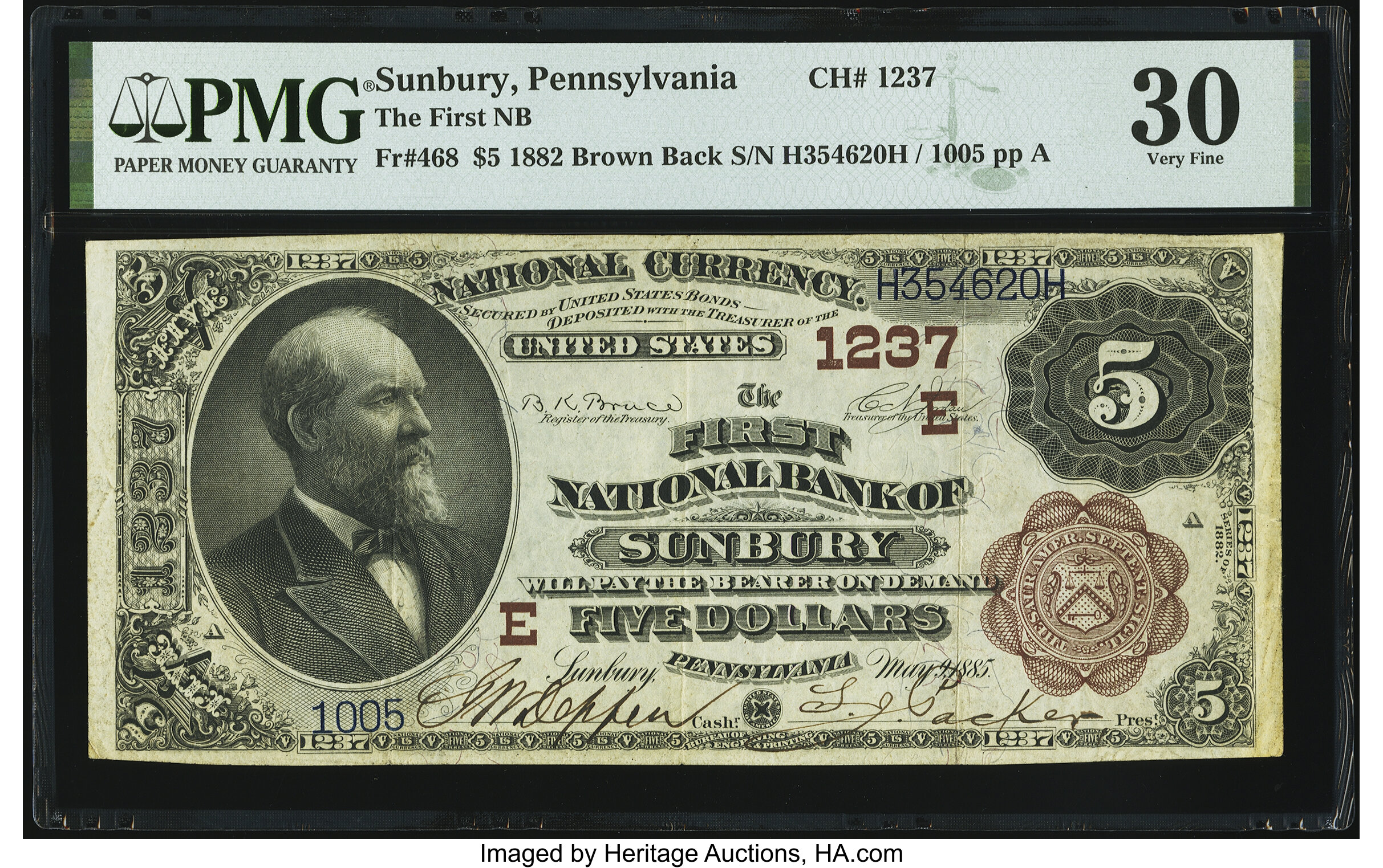 image for: Sunbury, PA - $5 1882 Brown Back Fr. 468 The First National Bank Ch. # (E)1237 PMG Very Fine 30....